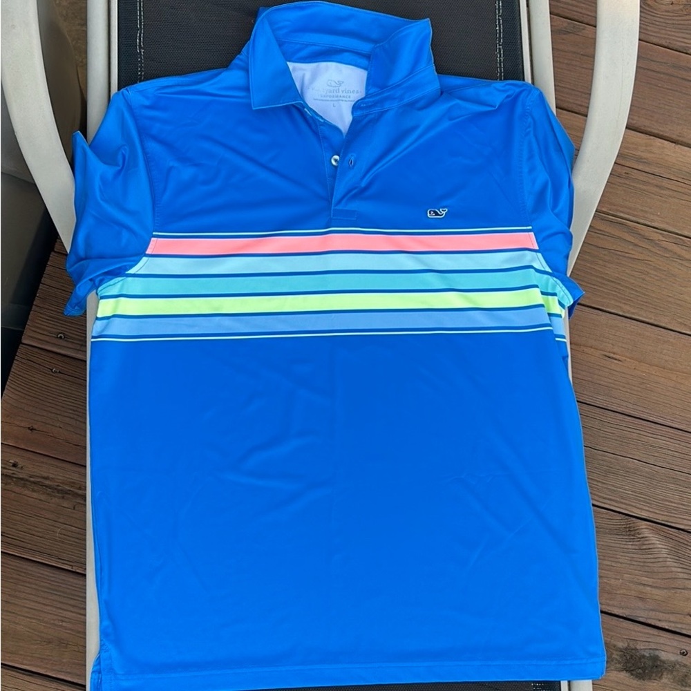 Like new-Vineyard Vines Blue Polo Shirt with Multicolor Stripes